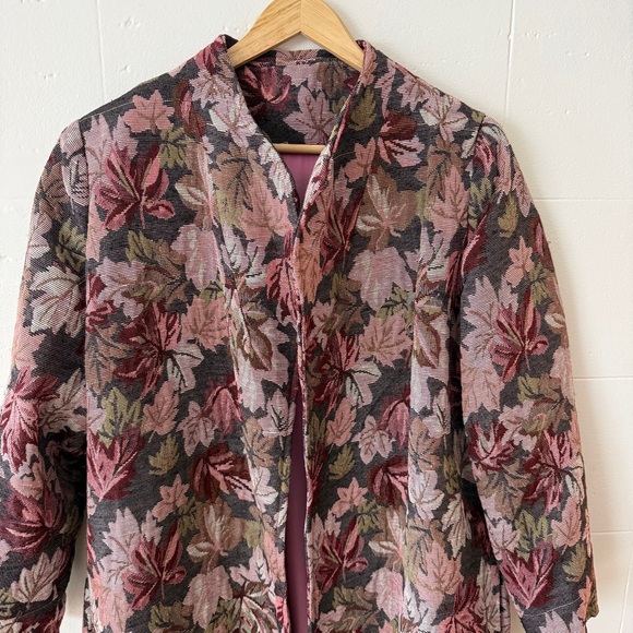 Handmade Pink Leaf Tapestry Long Coat | Cottagecore Fall | Size Large - Picture 2 of 9